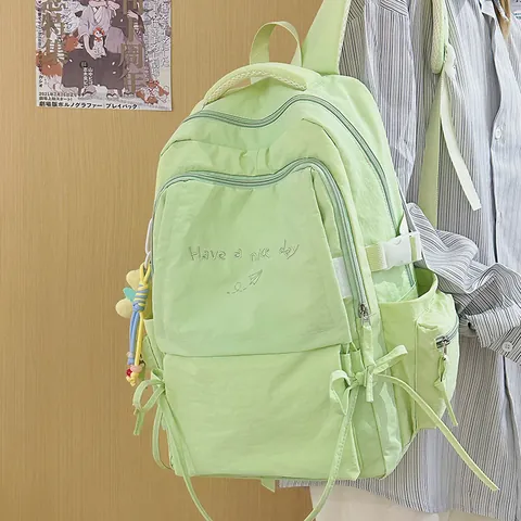 Large Capacity Nylon Backpack For Student School Bag With Embroidery Bow Pendant Japanese Style Travel Daypack Unisex