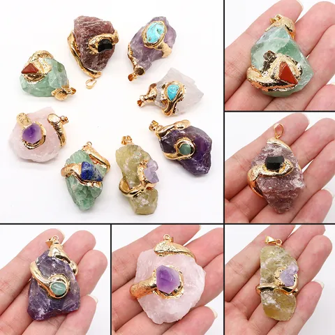 Natural Irregular Raw Stone Pendant Gold Plated Edge Amethyst Rose Quartz Citrine DIY Necklace Making Jewelry Findings For Women