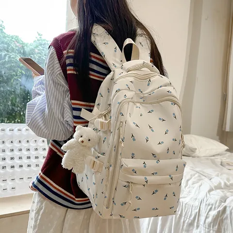 Women's Large Capacity Print Backpack Floral Fruit Lightweight Nylon School Bag For Teenagers With Plush Bear Pendant
