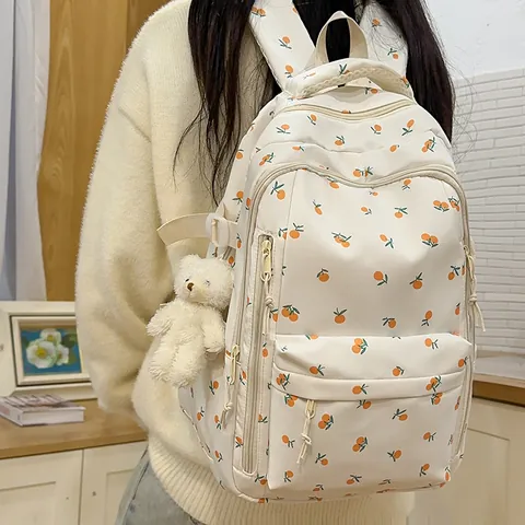 Women's Large Capacity Print Backpack Floral Fruit Lightweight Nylon School Bag For Teenagers With Plush Bear Pendant