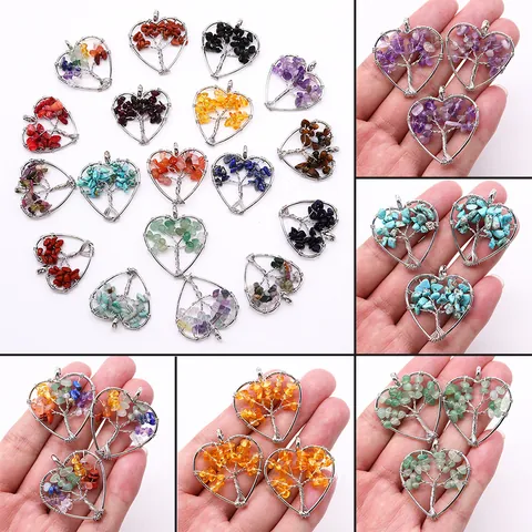 Natural Stone Tree Of Life Heart Pendant Wire Wrapped Jewelry Making Charm Hand-wrapped Multi Color Gemstone Accessory