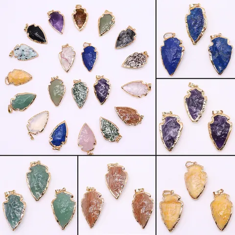 Colgante de Punta de Flecha de Piedra Natural Borde de Cobre Chapado en Oro Cuarzo Cristal Amatista Ojo de Tigre Charms para Fabricación de Joyas