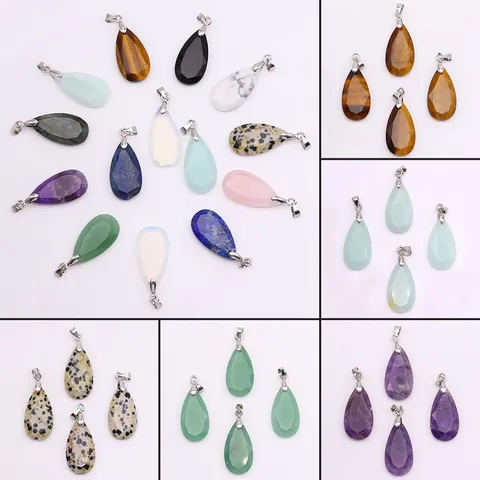 Natural Stone Teardrop Faceted Pendant Only Without Chain For DIY Necklace Jewelry Making Water Drop Crystal Quartz Charms Accessories