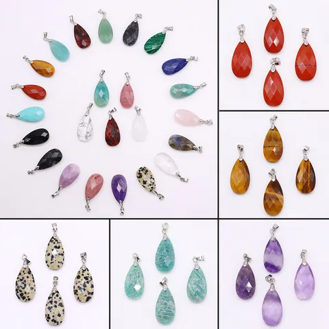 Faceted Teardrop Natural Stone Pendants with Silver Color Metal Bail Multi Gemstone Charms for DIY Jewelry Making Accessories