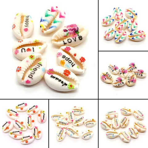 Natural Cowrie Shell Beads For DIY Jewelry Making Floral Printed Shells With Inspirational Words Happy Love Hope Dream For Necklace Bracelet Making Accessory
