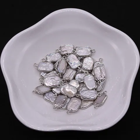 Connettore per Pendente Rettangolare in Perla d'Acqua Dolce Barocca Naturale Con Bordo in Rame Placcato Argento per Gioielli Fai-da-Te