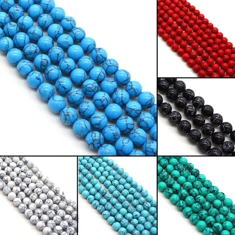 Perline Sciolte Rotonde in Pietra Naturale Imitazione Turchese Motivo a Matrice Lucidate con Foro Diritto per Accessori Creazione Gioielli Fai-da-te 4mm-12mm