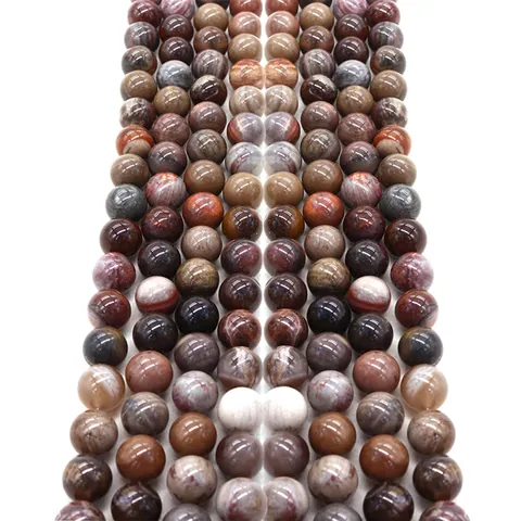Natural Wood Fossil Stone Round Beads Polished Loose Beads For DIY Necklace Bracelet Jewelry Making Supplies Vintage Style