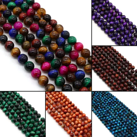 Natural Stone Colorful Tiger Eye Round Loose Beads Polished Straight Hole Strand For DIY Jewelry Making Necklace Bracelet Handmade Accessory
