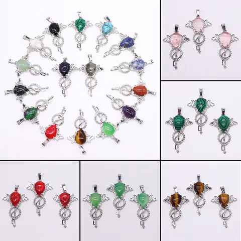 Vintage Natural Stone Angel Wing Key Pendant For Necklace DIY Jewelry Making Healing Crystal Waterdrop Gemstone Charms