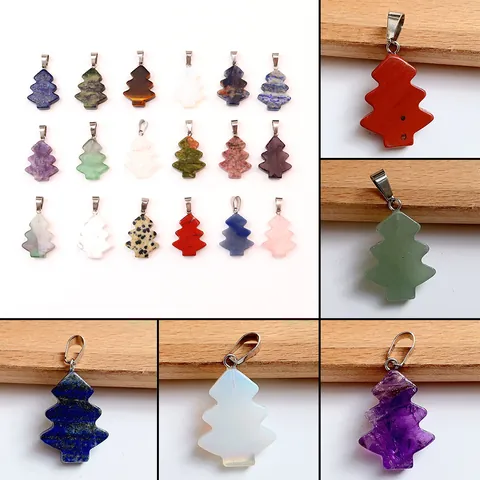 Christmas Tree Shape Natural Stone Pendant Only For Jewelry Making Amethyst Rose Quartz Lapis Lazuli DIY Necklace Charms