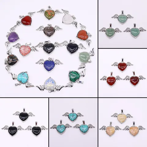 Natural Stone Heart Angel Wings Pendant Electroplated Copper Charm For Women DIY Necklace Jewelry Making Accessories