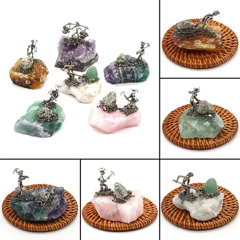 Adorno de Minero de Cúmulo de Cristal de Amatista Natural Nórdico Figurita Miniatura de Aleación de Zinc Decoración de Escritorio