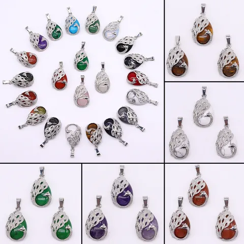 Teardrop Peacock Natural Stone Pendant Necklace For Jewelry Making DIY Craft Accessory With Copper Electroplated Design
