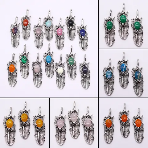 Natuursteen Veer Hanger Voor DIY Sieraden Maken Vintage Ovaal Agaat Kwarts Koper Gegalvaniseerd Boheems Charm Accessoire
