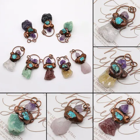 Unregelmäßiger Naturstein Anhänger Vintage Galvanisiert Kupfer Drahtwicklung Amethyst Rosenquarz DIY Schmuck