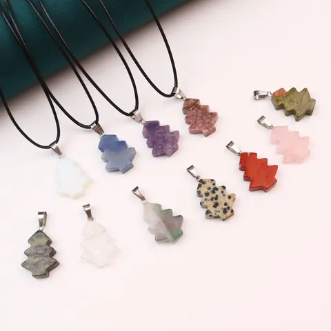 Christmas Tree Shape Natural Stone Pendant Only For Jewelry Making Amethyst Rose Quartz Lapis Lazuli DIY Necklace Charms