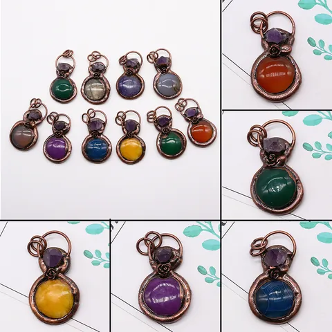 Vintage Gourd Shape Natural Stone Pendant Metal Rose Flower Copper Plated Dragon Vein Agate Amethyst Crystal DIY Pendant