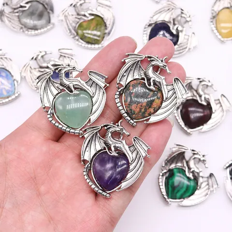 Vintage Drachen Herz Naturstein Anhänger Einzeln Galvanisiertes Kupfer Fantasy Gothik DIY Schmuckherstellung Zubehör