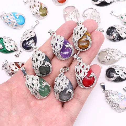 Teardrop Peacock Natural Stone Pendant Necklace For Jewelry Making DIY Craft Accessory With Copper Electroplated Design