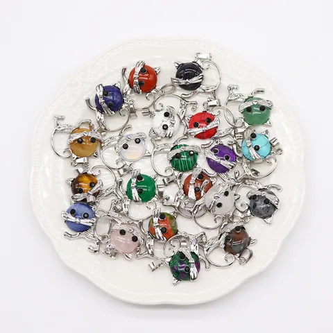 Kattenvormige Natuursteen Hangers Ronde Edelsteen Amethist Tijgeroog Rozenkwarts Verzilverd Koper Dier Charm Voor DIY Sieraden Maken Kettingen