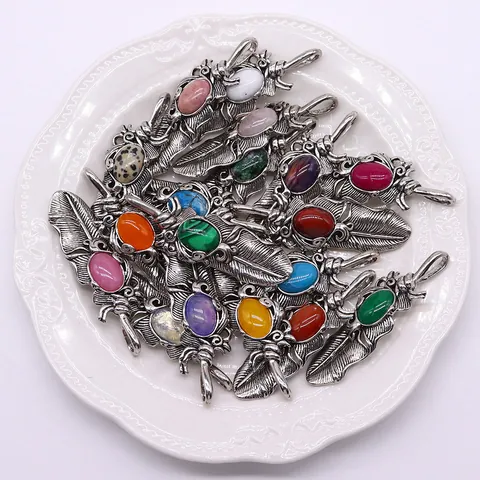 Natuursteen Veer Hanger Voor DIY Sieraden Maken Vintage Ovaal Agaat Kwarts Koper Gegalvaniseerd Boheems Charm Accessoire