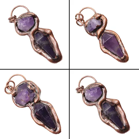 Natural Amethyst Prism Pendant Vintage Copper Wire Wrapped Handmade Bohemian Healing Crystal DIY Jewelry Making Accessory For Women