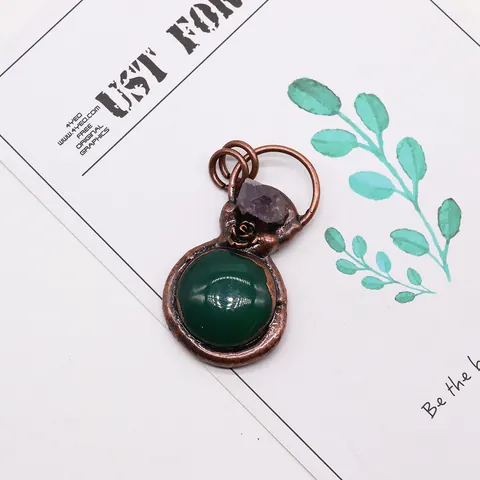 Vintage Gourd Shape Natural Stone Pendant Metal Rose Flower Copper Plated Dragon Vein Agate Amethyst Crystal DIY Pendant