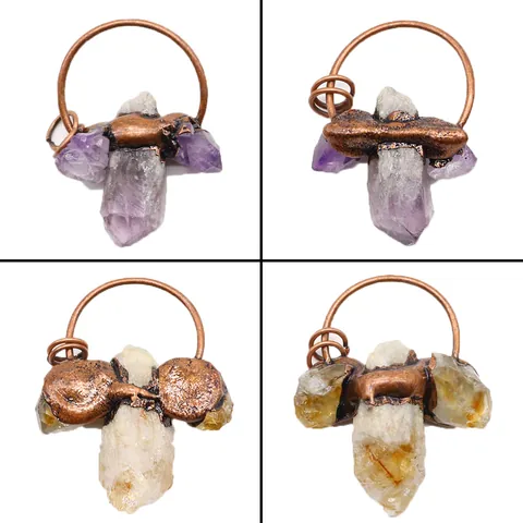 Vintage Natural Amethyst Crystal Cluster Pendant Electroplated Copper Citrine Raw Stone Charms For DIY Necklace Handmade Jewelry Accessory