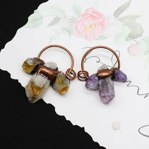 Vintage Natural Amethyst Crystal Cluster Pendant Electroplated Copper Citrine Raw Stone Charms For DIY Necklace Handmade Jewelry Accessory
