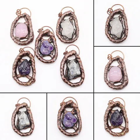 Naturstein Unregelmäßige Kristall Anhänger Galvanisiertes Kupfer Roherz Quarz Amethyst Rosenquarz Druzy Charm DIY Schmuckherstellung Zubehör