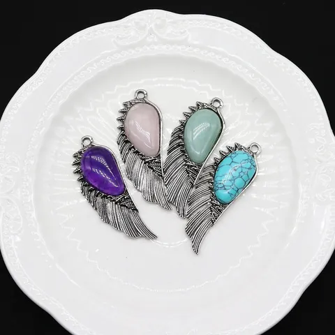 Angel Wings Natural Stone Pendant For DIY Necklace Jewelry Making Amethyst Rose Quartz Turquoise Green Aventurine Copper Plated Retro Wing Shaped Accessory Gift For Women Men