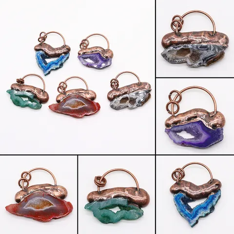 Natural Stone Agate Slice Pendant Only Without Chain For DIY Necklace Making Irregular Geode Electroplated Copper Frame Vintage Bohemian Jewelry Accessory