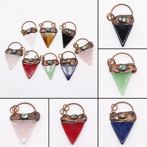 Colgante de Piedra Natural Triangular Vintage con Incrustación de Concha de Abulón Charm de Cobre Galvanizado para DIY Joyería Collares
