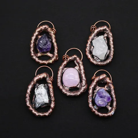 Naturstein Unregelmäßige Kristall Anhänger Galvanisiertes Kupfer Roherz Quarz Amethyst Rosenquarz Druzy Charm DIY Schmuckherstellung Zubehör
