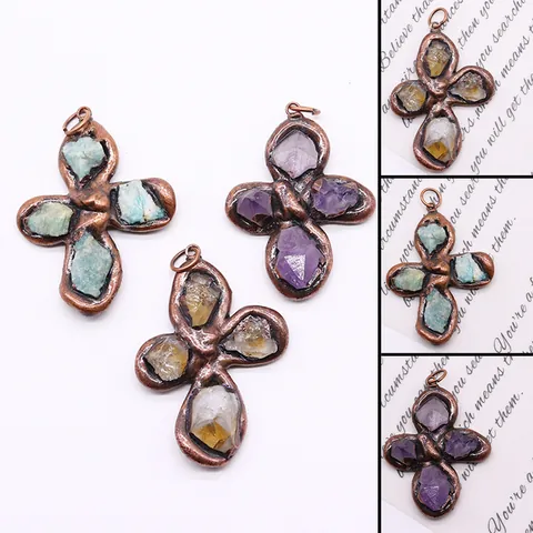 Vintage Electroplated Copper Natural Raw Stone Pendants Cross Flower Shape DIY Amethyst Citrine Amazonite Jewelry Making