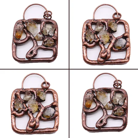 Vintage Electroplated Copper Square Natural Stone Pendant Raw Citrine Branch Design DIY Jewelry Making Necklace Accessory