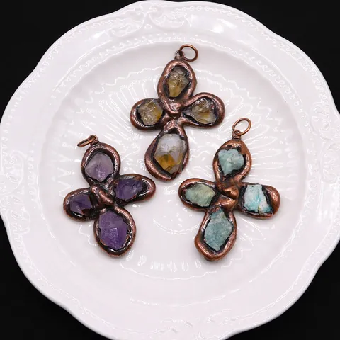 Vintage Electroplated Copper Natural Raw Stone Pendants Cross Flower Shape DIY Amethyst Citrine Amazonite Jewelry Making