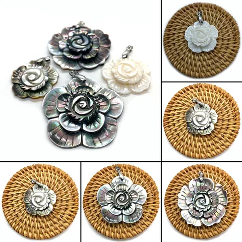 Natural Carved Shell Flower Pendant For DIY Jewelry Making White Mother Of Pearl Black Lip Rose Pendant Without Chain