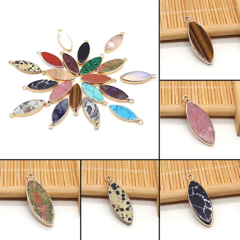 Colgante de Piedra Natural Marquesa Forma de Hoja Chapado en Oro Turquesa Ojo de Tigre Cuarzo Para Collar DIY Mujer