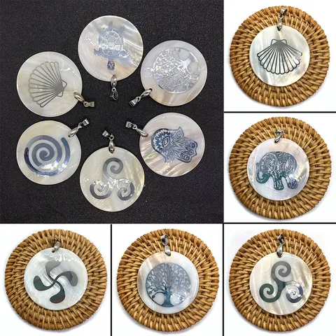 Natural Mother Of Artificial Pearl Shell Round Pendant With Metal Pattern Tree Of Life Hamsa Om For DIY Necklace Jewelry Making Accessories