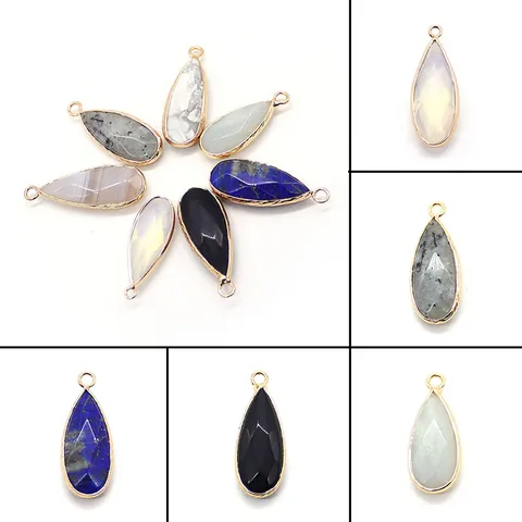 Natural Stone Teardrop Faceted Pendant With Gold Edging Lapis Lazuli Opal Agate DIY Jewelry Making Necklace Pendant Only