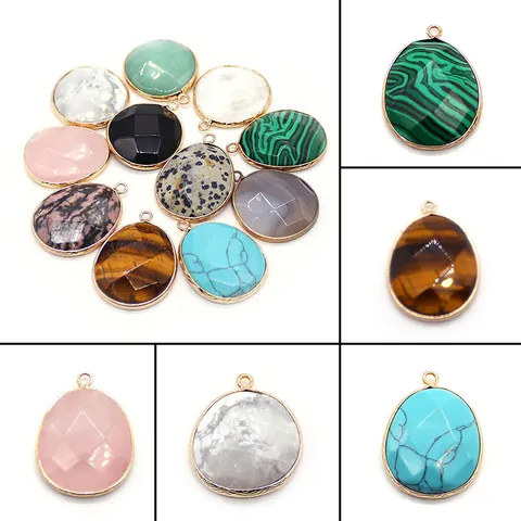 Natural Stone Faceted Pendant Only Without Chain Egg Shaped Tiger's Eye Agate Malachite Electroplated Copper Border DIY Jewelry Making Accessory