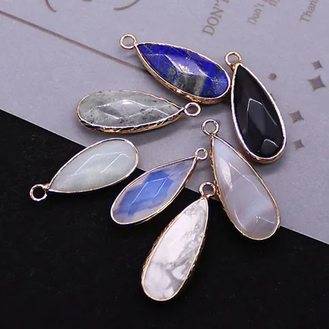 Natural Stone Teardrop Faceted Pendant With Gold Edging Lapis Lazuli Opal Agate DIY Jewelry Making Necklace Pendant Only