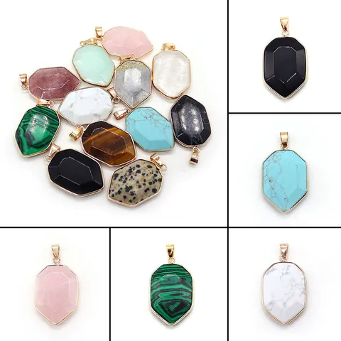 Faceted Natural Stone Shield Pendant Only (Without Chain) With Gold Plated Copper Edge Malachite Rose Quartz Turquoise Agate For DIY Jewelry Making Necklaces Charms