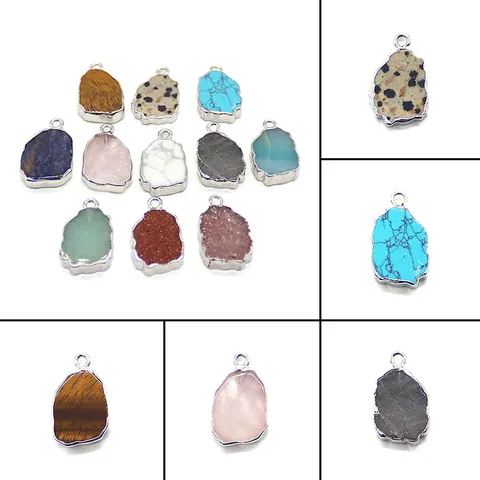 Irregular Natural Stone Pendant Silver Plated Edge DIY Jewelry Making Accessory For Necklace Strawberry Quartz Dalmatian Stone Women