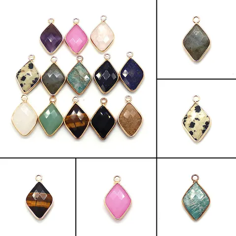 Natural Stone Rhombus Faceted Pendant Only (Without Chain) With Electroplated Copper Edge For DIY Jewelry Making Accessories