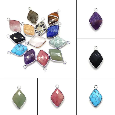 Natural Stone Rhombus Faceted Pendant Silver Plated Alloy Frame Gemstone DIY Jewelry Making Accessories For Necklace