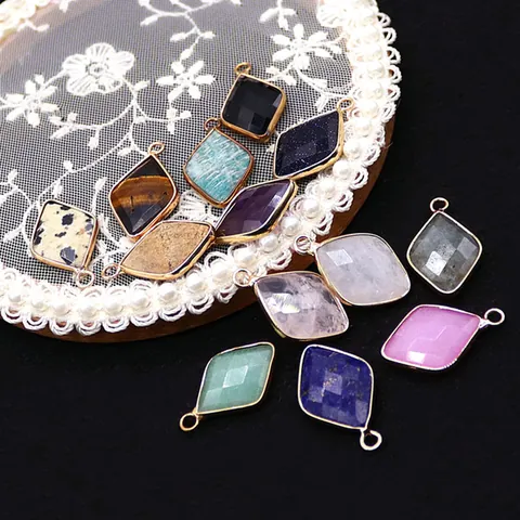 Natural Stone Rhombus Faceted Pendant Only (Without Chain) With Electroplated Copper Edge For DIY Jewelry Making Accessories