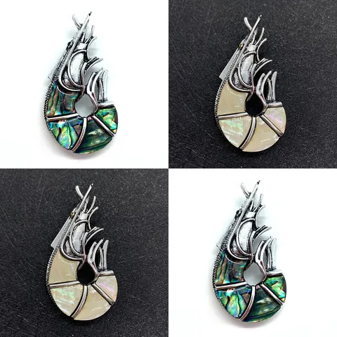 Shrimp Shape Natural Seawater Shell Brooch Pendant For Women Vintage Alloy Abalone White Shell DIY Jewelry Accessory